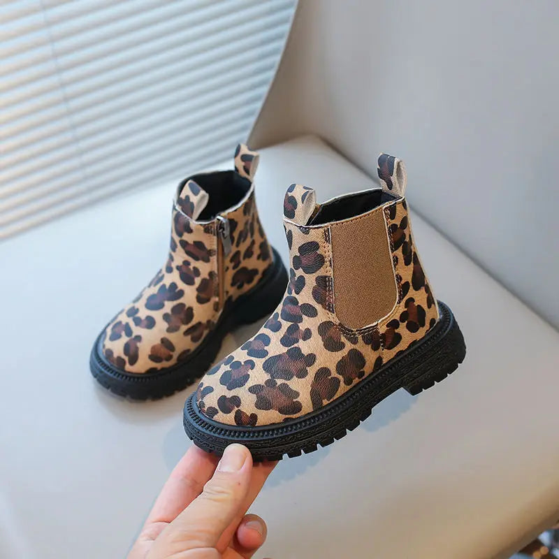 Leopard Print Anti Slip Children PU Zip Ankle Shoes childrensterritory