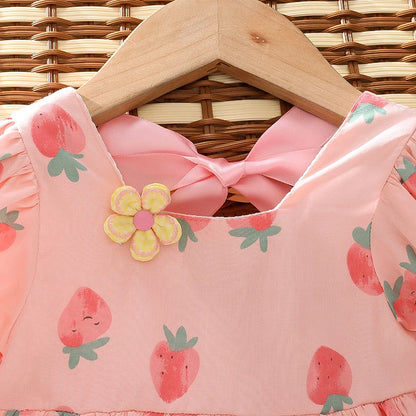 Strawberry Print Baby Girl Flower Backless Dress