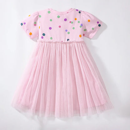 Kids Girls Cartoon Cat Embroidered Pink Summer Dress childrensterritory
