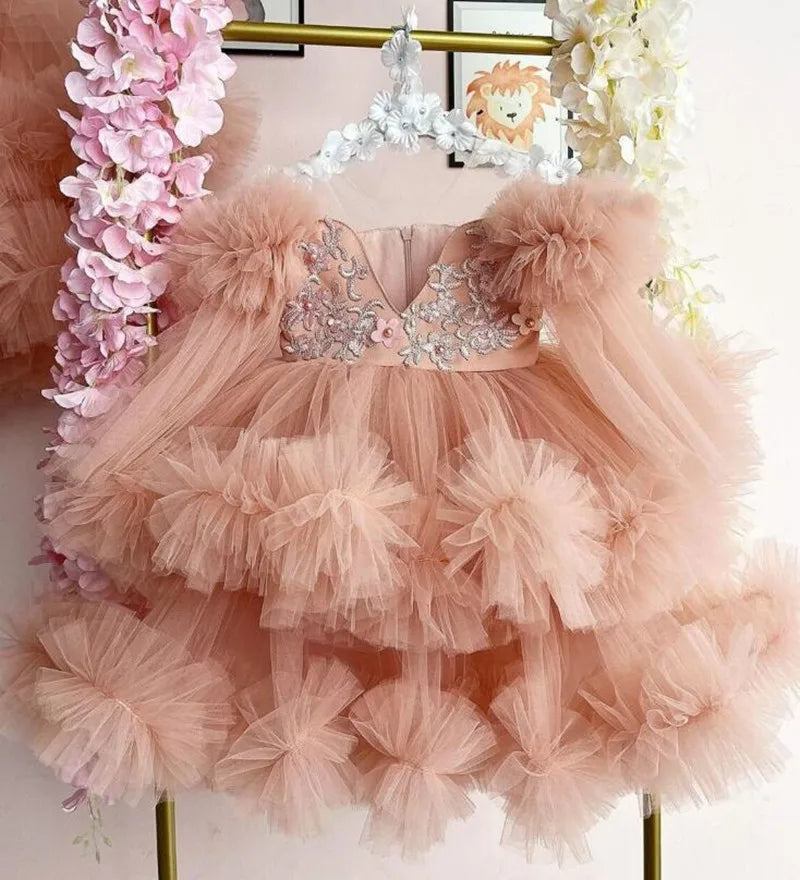 Girls Puffy Long Sleeves Tutu Outfit with Zipper Back for Birthday childrensterritory