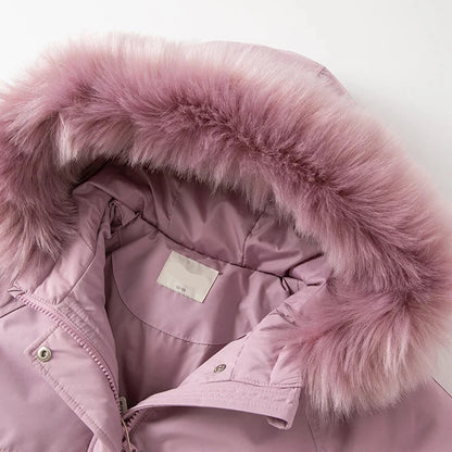Kids Girls Solid Zipper Hooded Fur Padded Warm Jacket childrensterritory