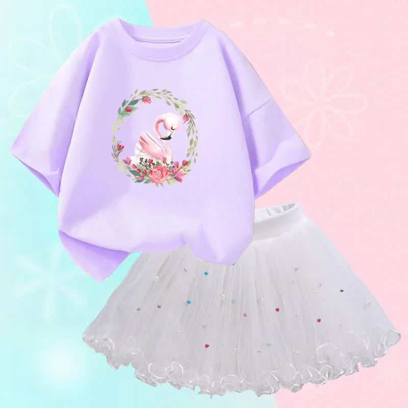 Kids Girls Flamingo T-Shirt &amp; Mesh Skirt Pretty Outfits childrensterritory