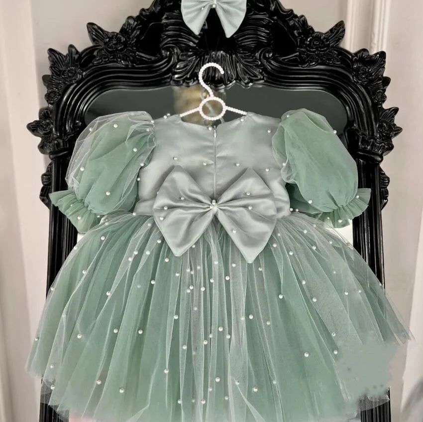 Elegant Puffy Bow-Decorated Little Girls Christening Dress childrensterritory