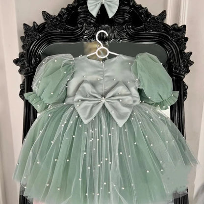 Elegant Puffy Bow-Decorated Little Girls Christening Dress childrensterritory