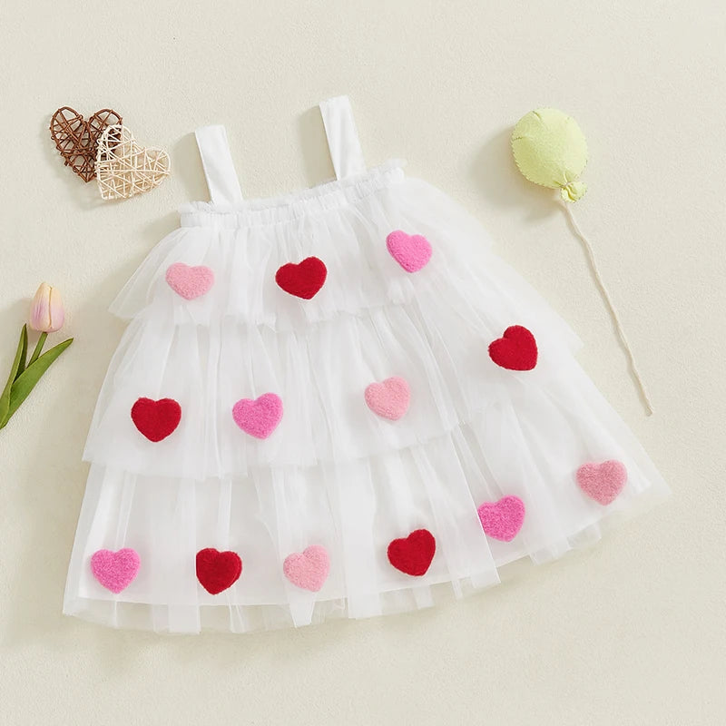 3D Plush Heart Design Layered Tulle Dress for Girls childrensterritory