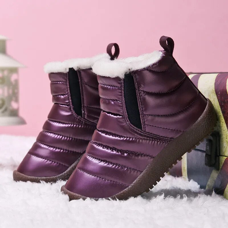 Kids Girls Boys Plush Leather Waterproof Warm Snow Boots childrensterritory