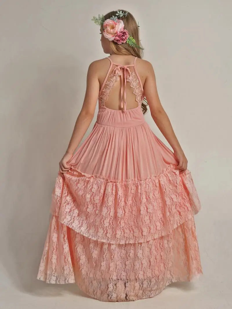 Kids Girls Stylish Lace Design Cotton Bohemia Long Dresses childrensterritory