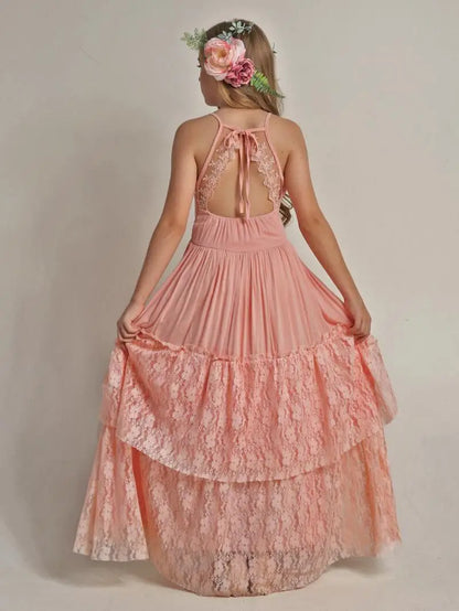 Kids Girls Stylish Lace Design Cotton Bohemia Long Dresses childrensterritory