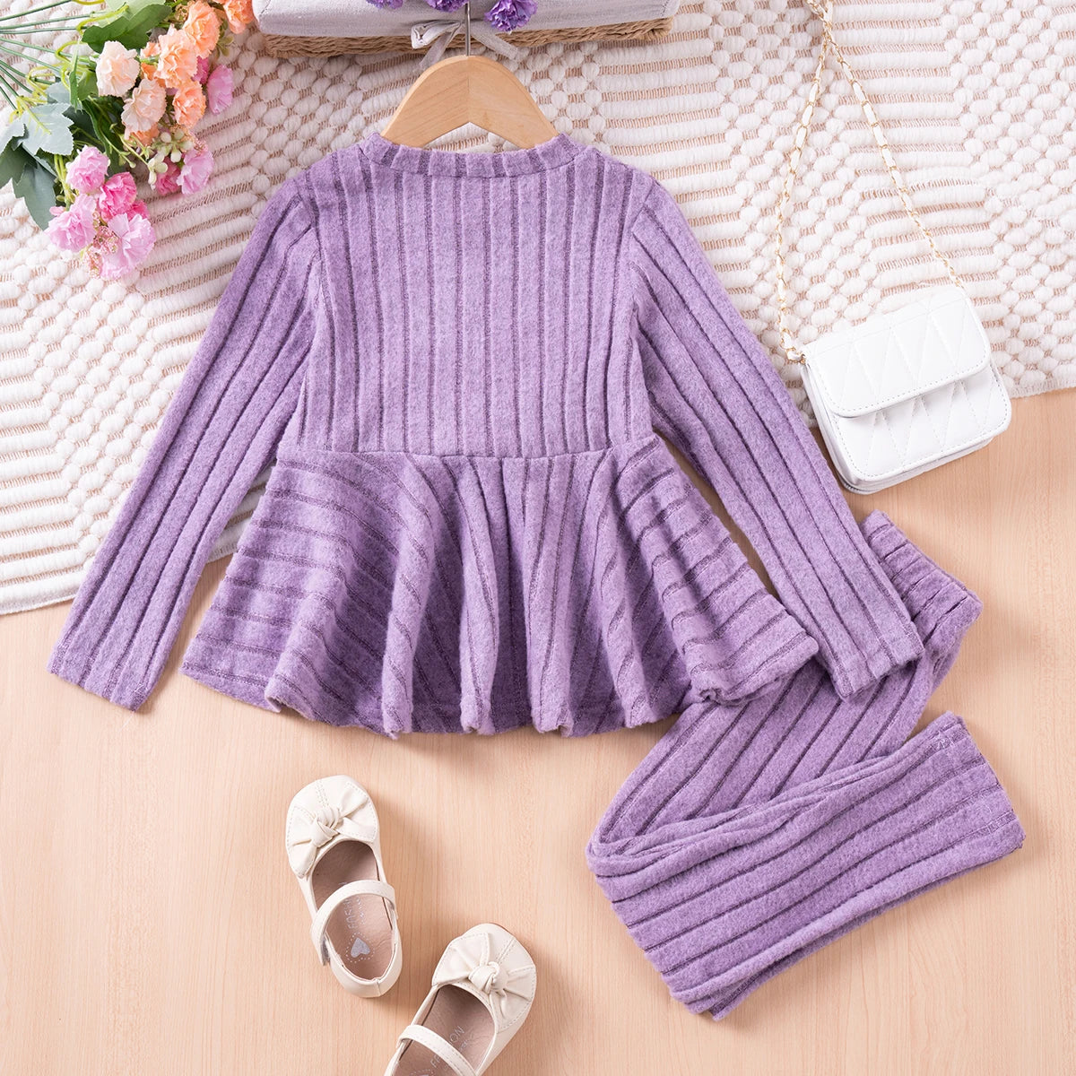 Little Girls Pleated Hem Top  and Pants Set with Bow Decoration