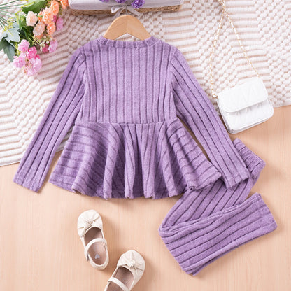 Little Girls Pleated Hem Top  and Pants Set with Bow Decoration