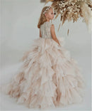 Kids Girls Puffy Long Tulle Beads Pageant Party Gown