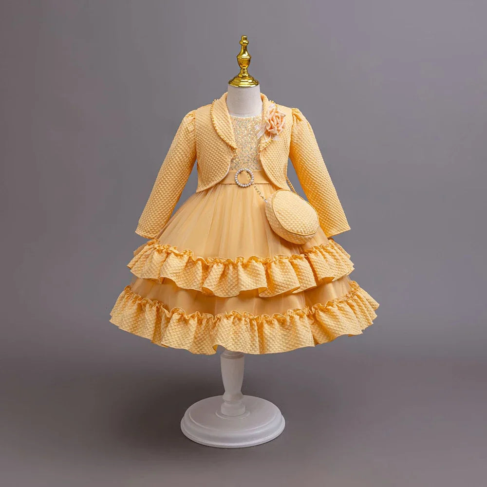 Little Girls Elegant Fluffy Princess Dress Set for Spring Autumn