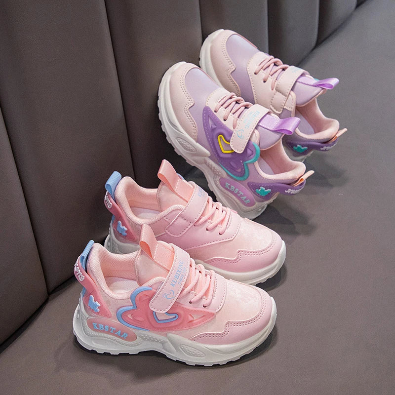 Heart-shaped Breathable Mesh Kids Girls Pink Sports Shoes