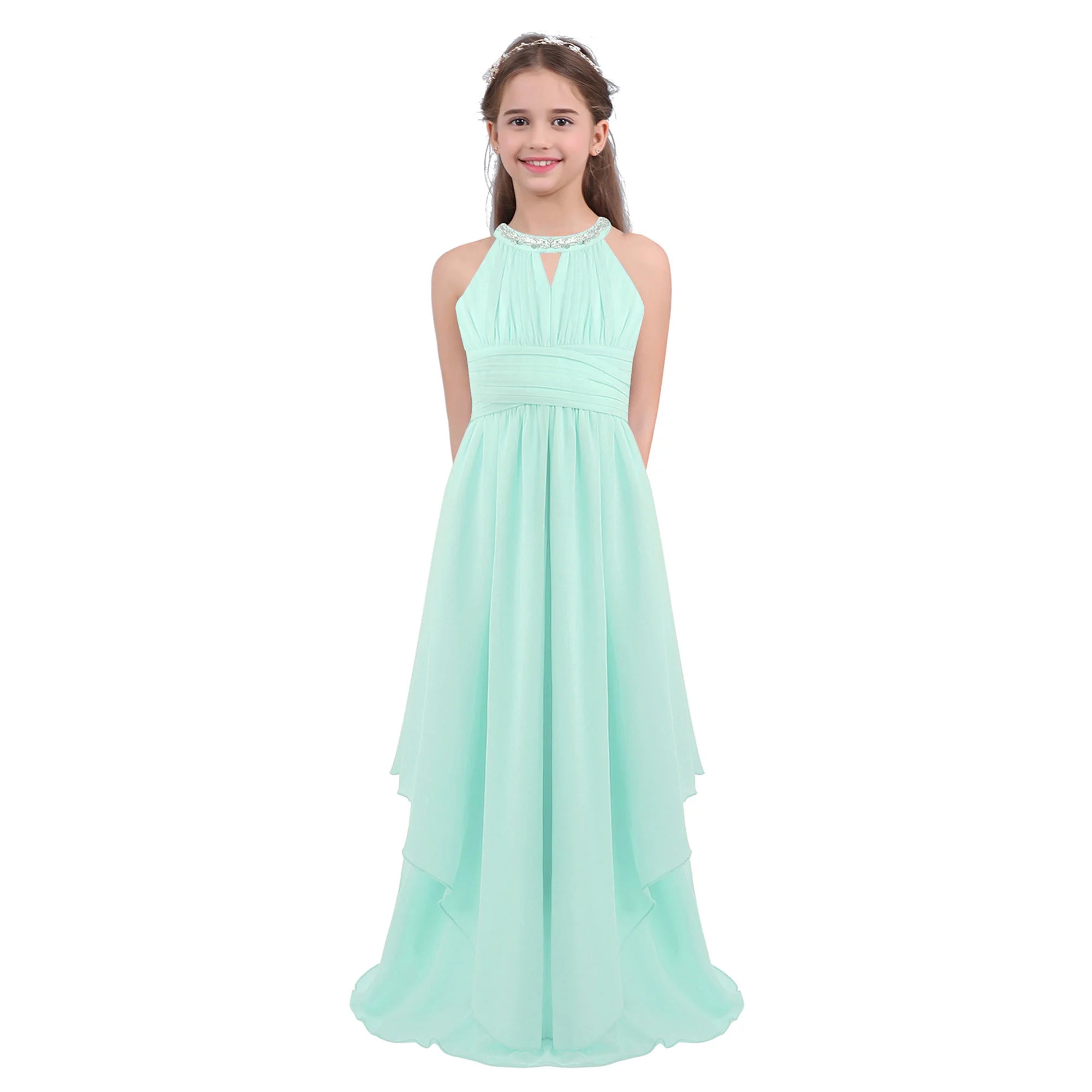 Kids Girls Halter Lace Design Chiffon Long Prom Ball Gowns childrensterritory