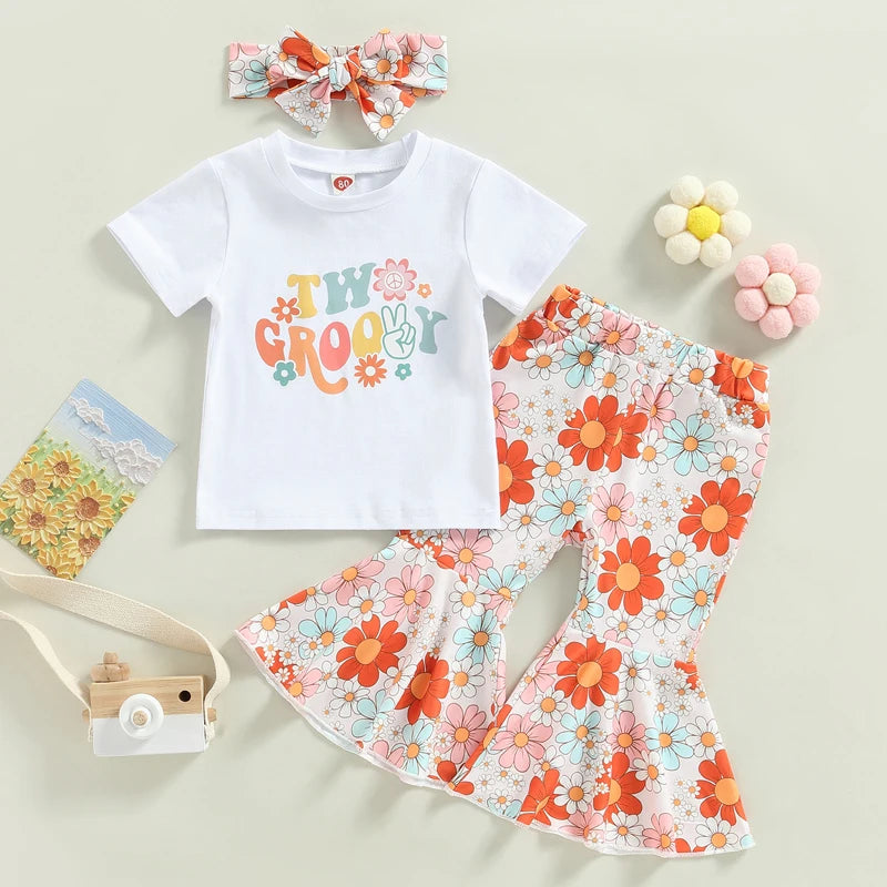 3pcs Printed Romper with Flare Pants Set for Baby Girls