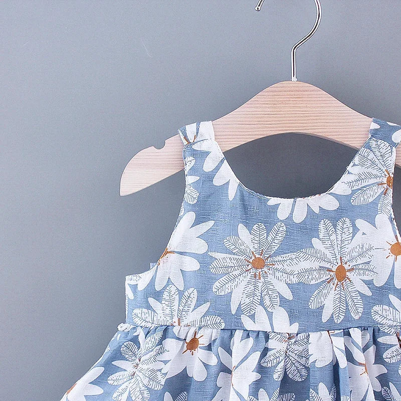 Sleeveless Bow Design Printed Summer Dresses For Girls