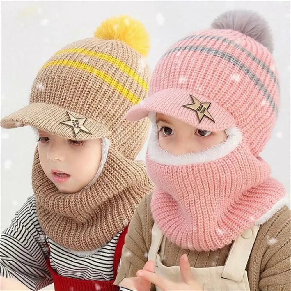 Kids Warm Knitted Plus Fleece Beanie with Face Cover childrensterritory