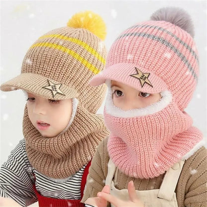Kids Warm Knitted Plus Fleece Beanie with Face Cover childrensterritory