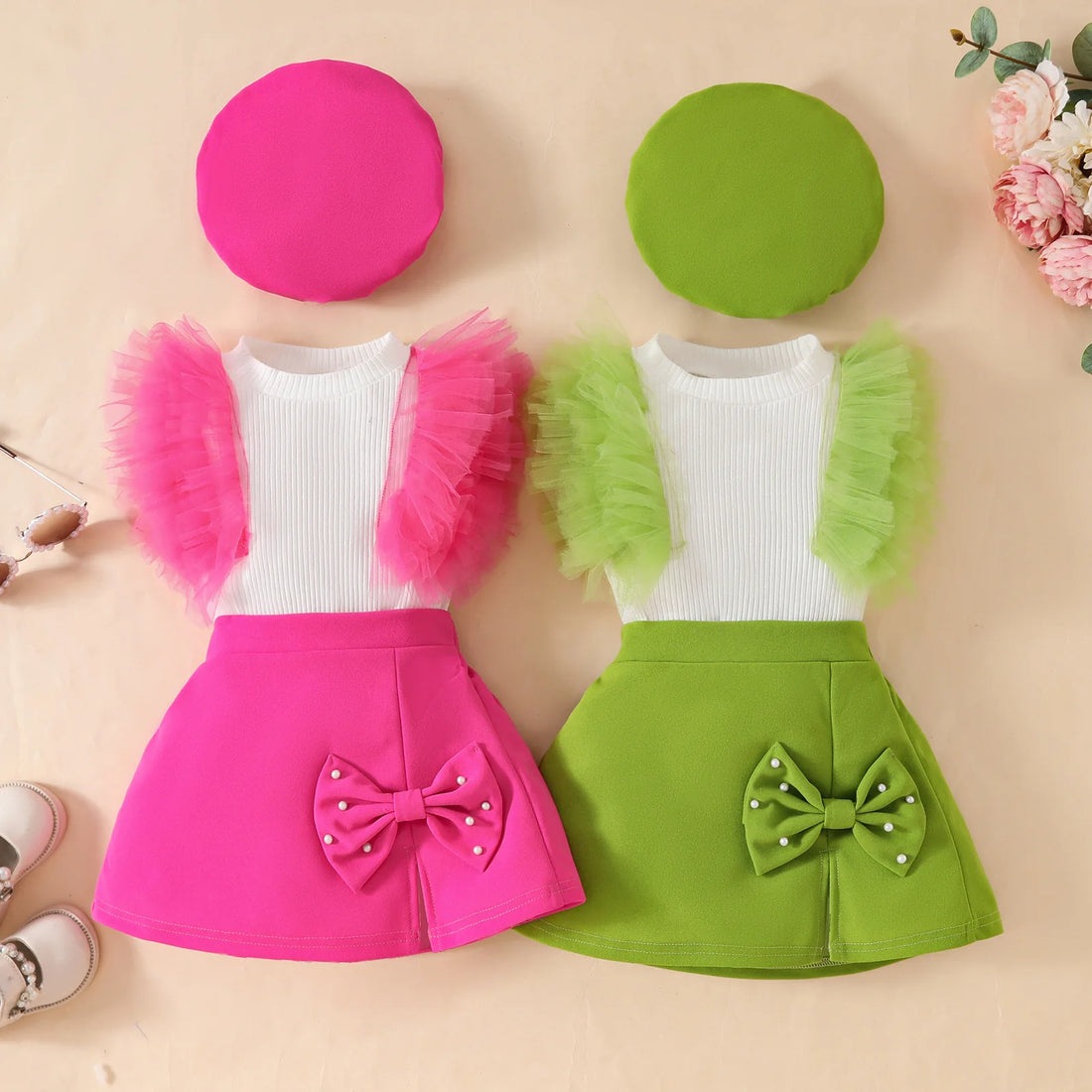Baby Girls 3Pcs Cute Top+Bow Skirt+Beret Summer Outfit childrensterritory