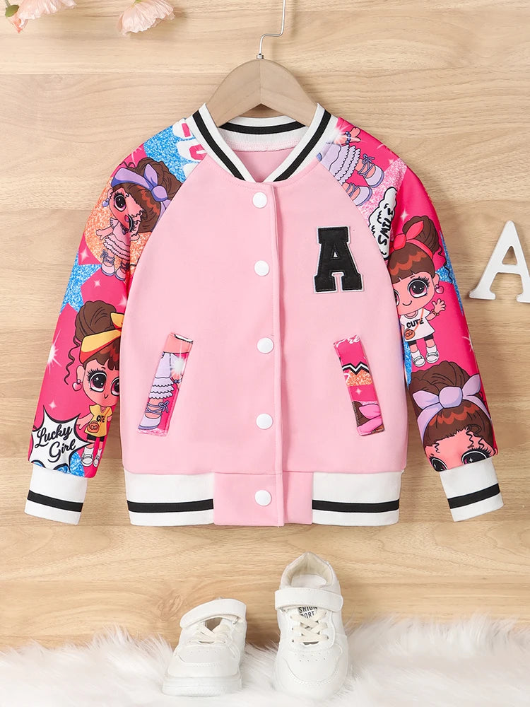 "A" Pattern and Cartoon Doll Print Kids Girls Jackets childrensterritory