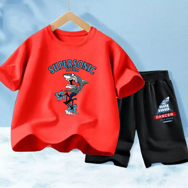 Kids Boy Funny Shark Print T-Shirts and Half Pants Set childrensterritory
