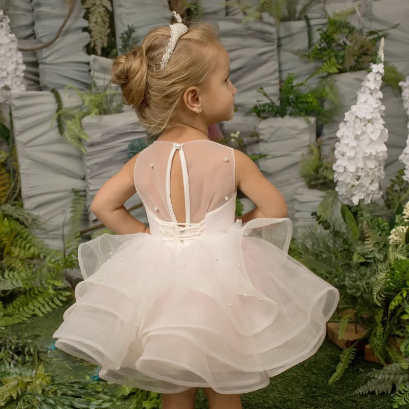 Glitter Decoration Sheer Neck Design Ivory Puffy Little Girls Dresses