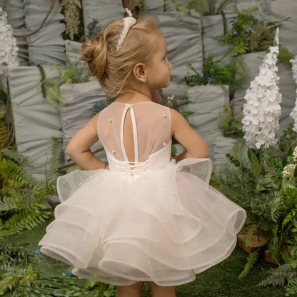 Glitter Decoration Sheer Neck Design Ivory Puffy Little Girls Dresses