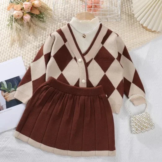 Kids Girls Retro Style Plaid Winter Party Dresses 2pcs Set