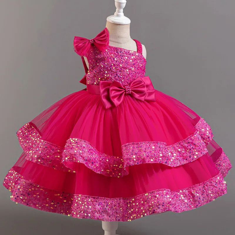 Kids Girls Sequins and Bow Design Birthday Party Flower Dresses