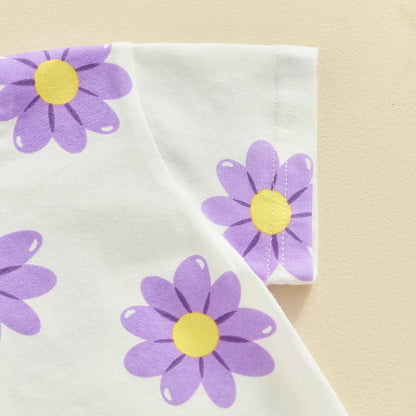 Flowers Print Baby Girls 3pcs Short Sleeve Tops Shorts Hairband Set childrensterritory