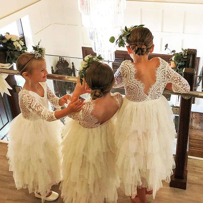 Kids Girls Lace Flower Design Layered Birthday Party Dress