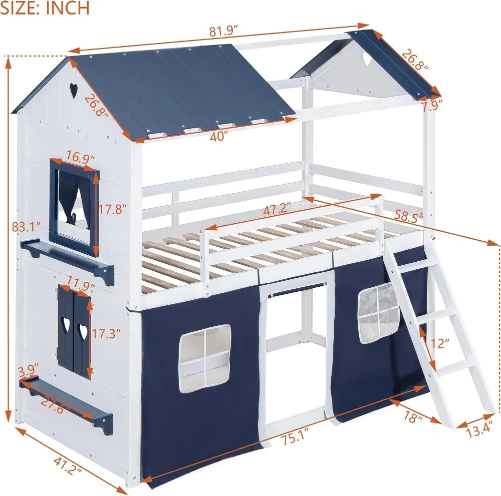 Hut Design Twin over Twin Bunk Bed with Window and Two Drawers