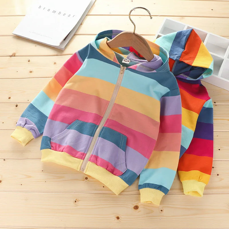 Kids Girls Rainbow Stripe Print Hooded Winter Jacket