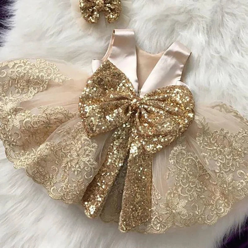 Gold Sequined Bow Knee Length First Birthday Party Dress