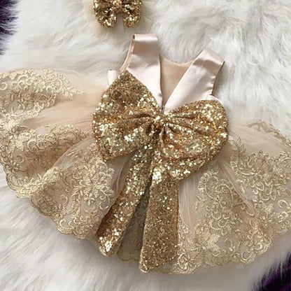 Gold Sequined Bow Knee Length First Birthday Party Dress