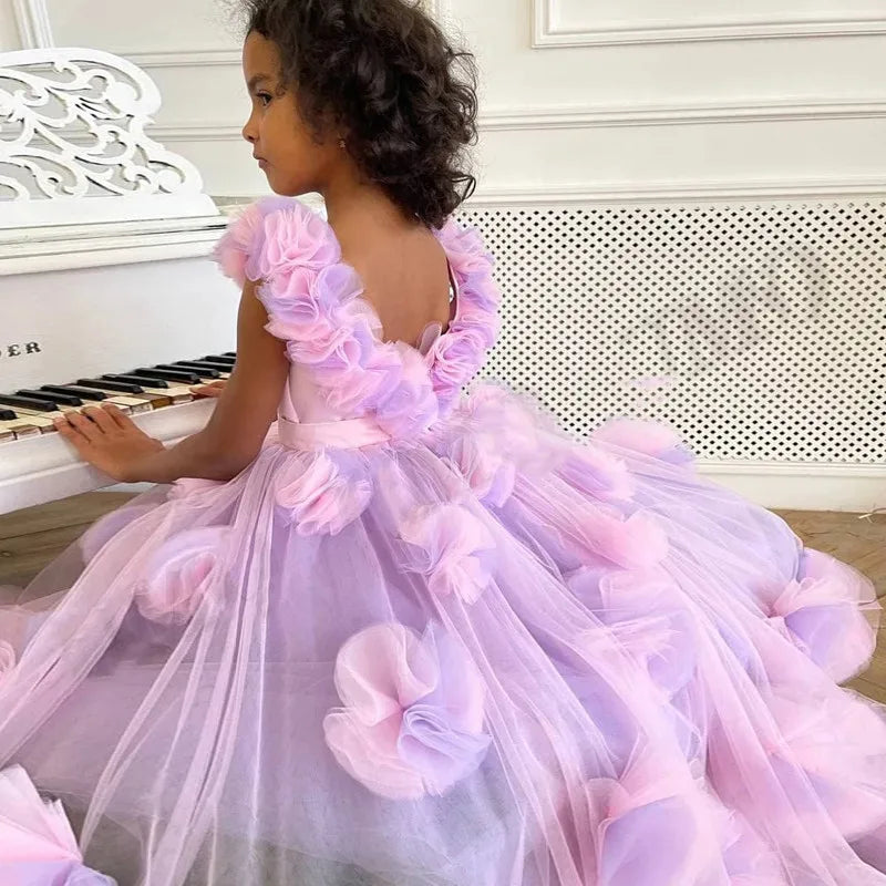 Backless Floral Long Train Girls Birthday Party Dresses childrensterritory