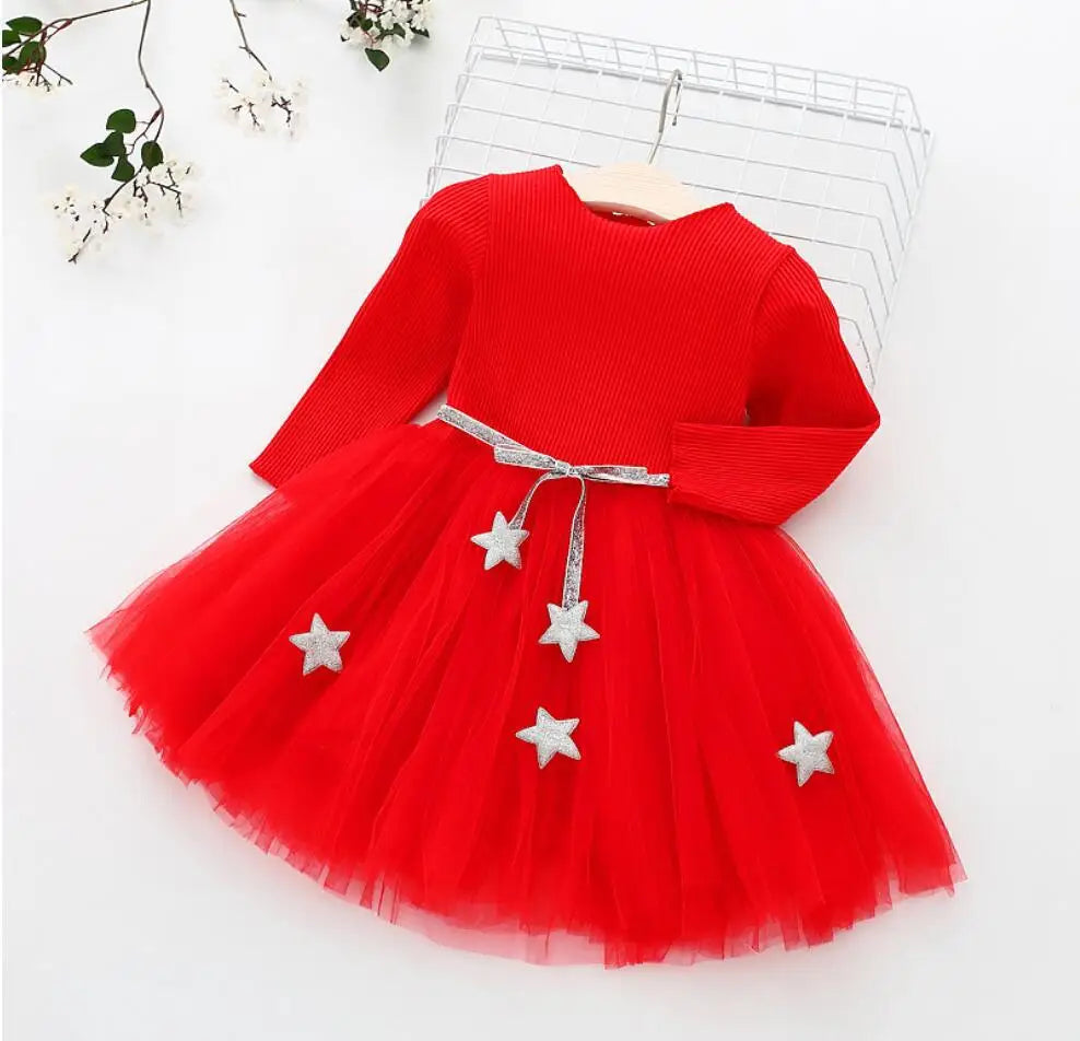 Toddler Girls Fluffy Sweater Dresses With Star Design