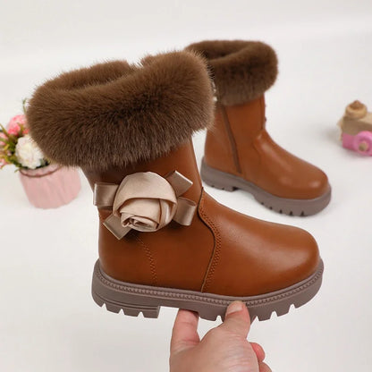Princess Girls Zipper Flower Design Warm Fur Boots childrensterritory