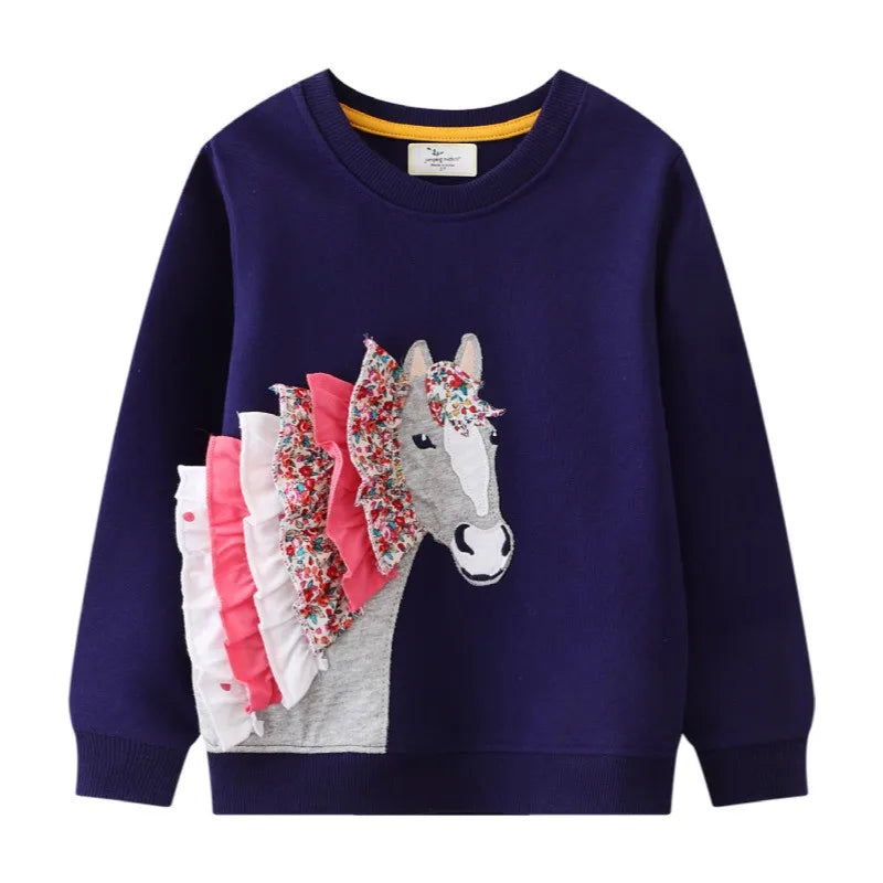 Horse Applique Design Kids Girls Long Sleeve Sweatshirts