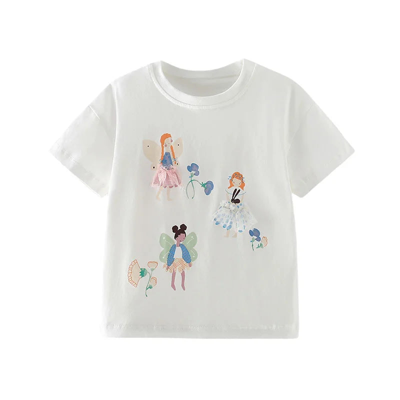 Cartoon Embroidery Short Sleeves Summer Tops for Kids Girls