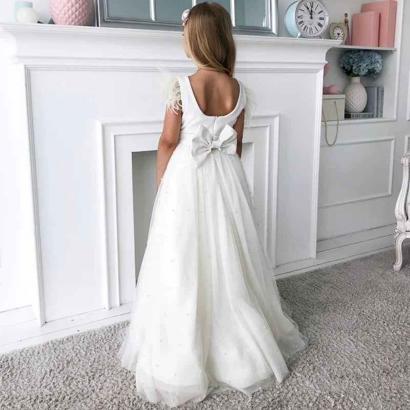 A-Line Feathers Sleeve Backless First Communion Dress For Girls