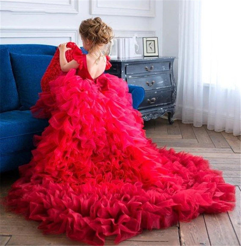 Kids Girls Tulle Red High/Low Fluffy Princess Wedding Dress childrensterritory