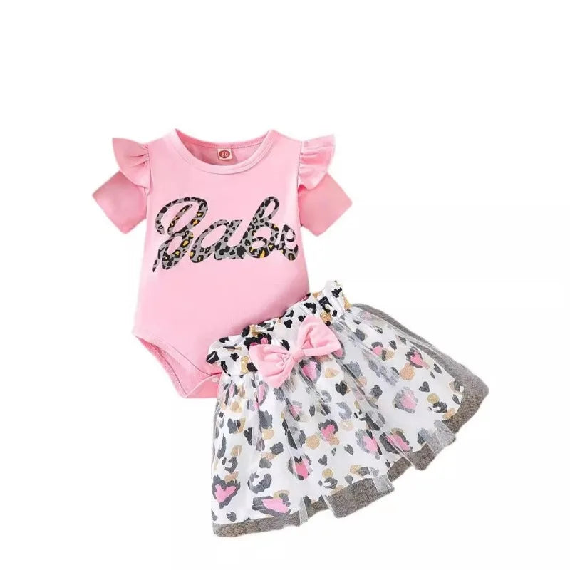 Baby Girl Babe Print Romper and Leopard Print Tulle Skirt Dress
