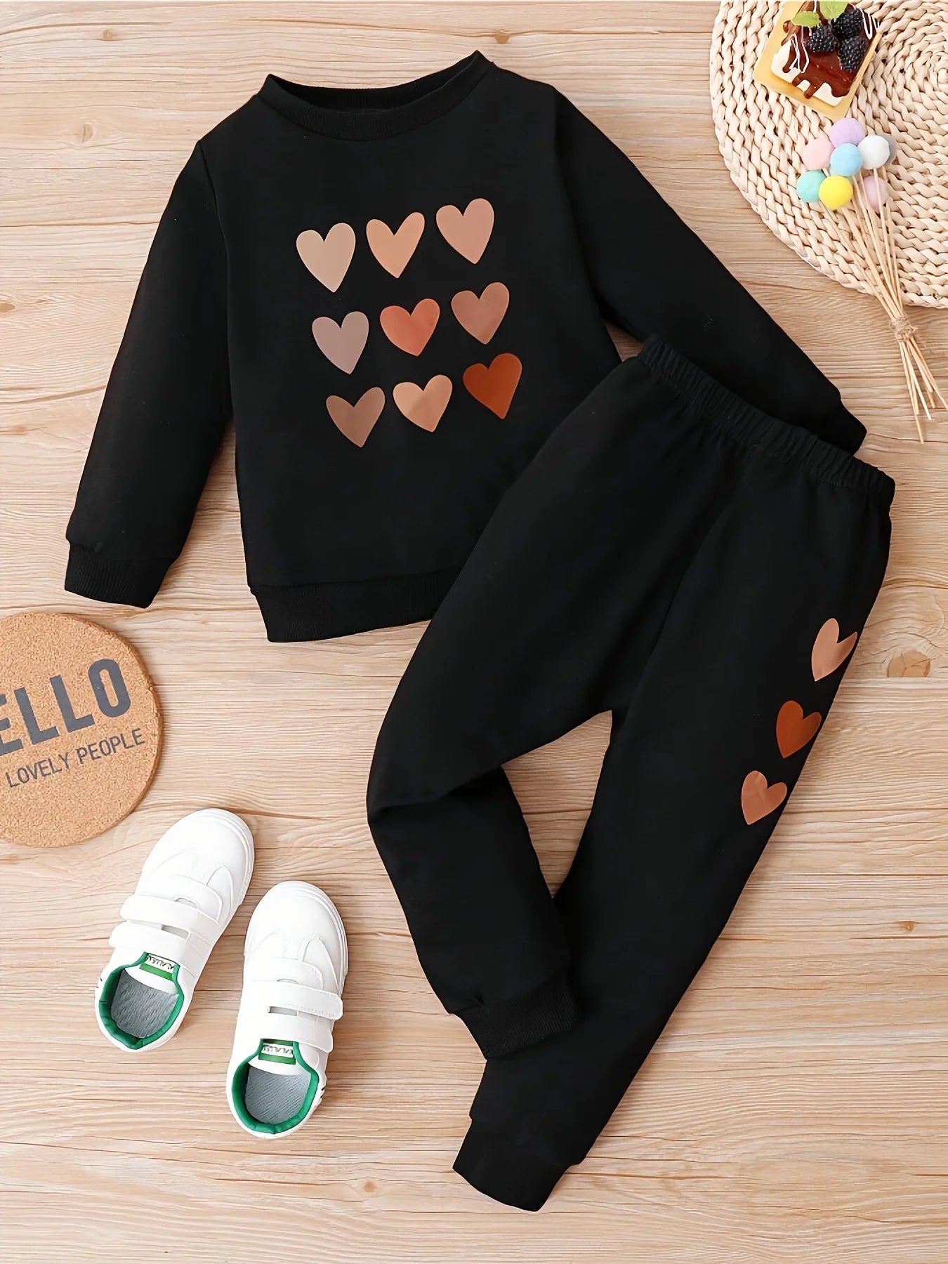 Heart Printed 2 Pieces Kids Girls Warm Tracksuit Set childrensterritory