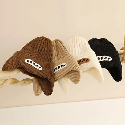 Happy Letter Print Baby Knit Beanies with Earflap childrensterritory