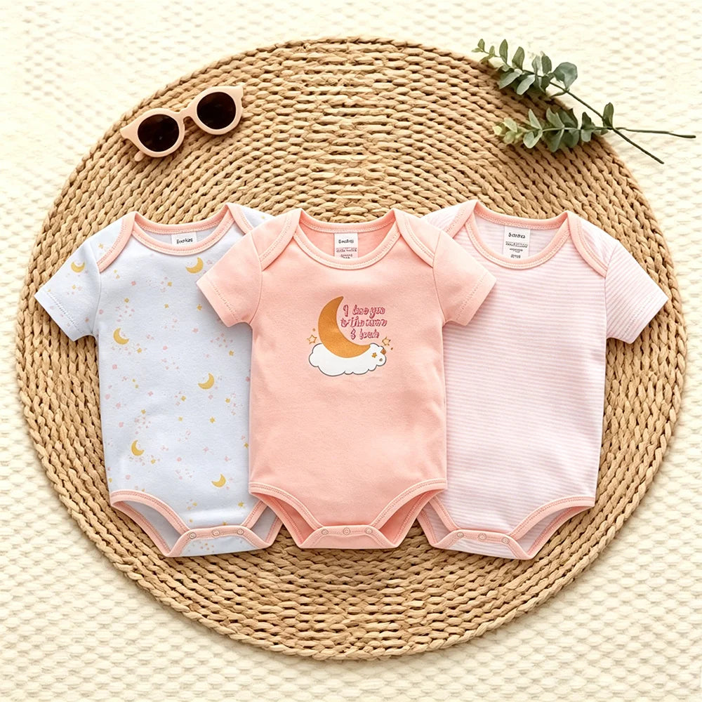 3PCS/Lot Newborn Baby Cartoon Printed Summer Romper