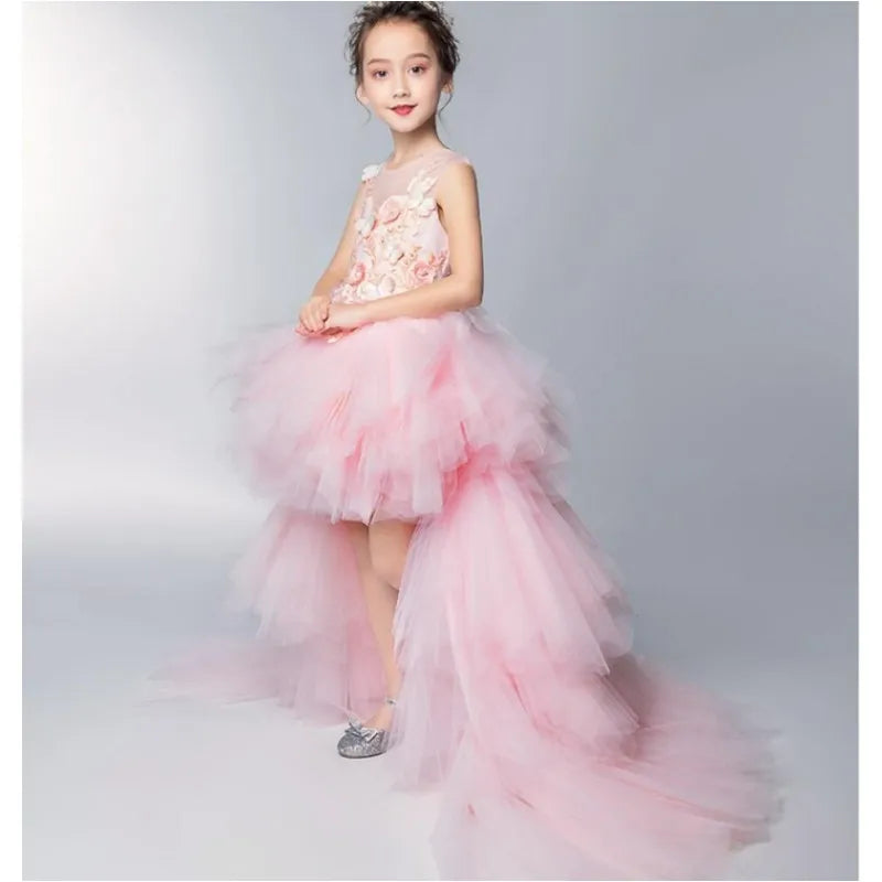Baby/Kids Girls Pink Tulle Trailing Princess Gown