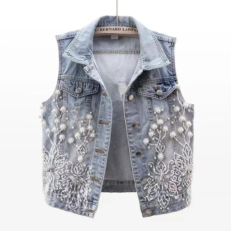 Loose Vintage Lace Beaded Design Denim Vest for Women childrensterritory