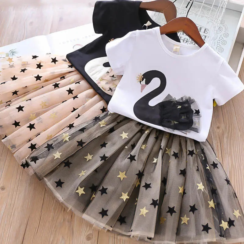 Kids Girls Swan T-Shirt + Sequin Skirts 2Pcs Outfit Set