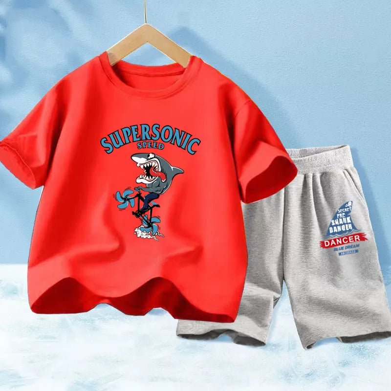 Kids Boy Funny Shark Print T-Shirts and Half Pants Set childrensterritory